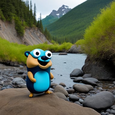 A go blue gopher holding a large salmon in a coastal environment.