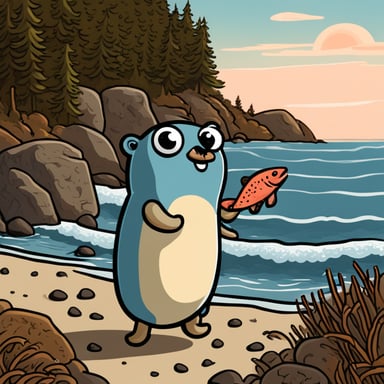A go blue gopher holding a large salmon in a coastal environment.
