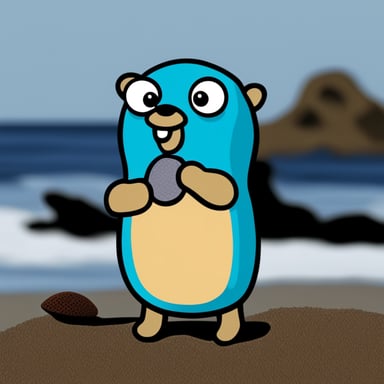 A go blue gopher standing on a rough beach holding a large salmon in both hands.