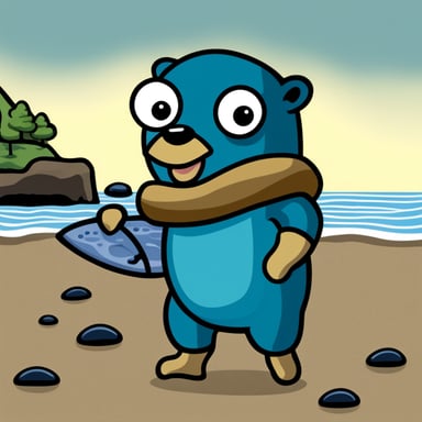 A go blue gopher standing on a rough beach holding a large salmon in both hands.