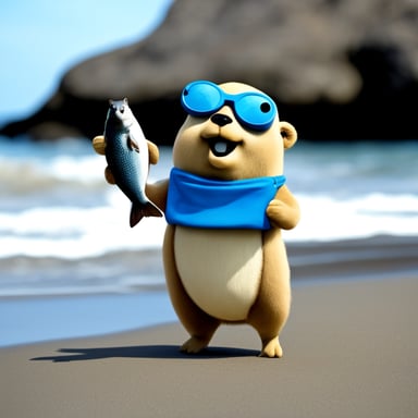 A go blue gopher standing on a rough beach holding a large salmon in both hands.