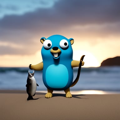 A go blue gopher standing on a rough beach holding a large salmon in both hands.