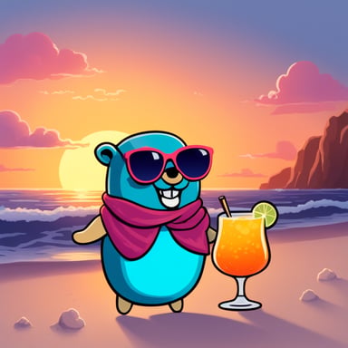 Go Blue Gopher, a blue gopher with big sunglasses, holds a cocktail glass at the beach, watching the sunset.