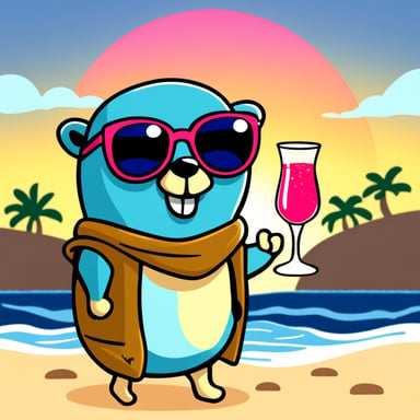 Go Blue Gopher, a blue gopher with big sunglasses, holds a cocktail glass at the beach, watching the sunset.