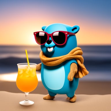 Go Blue Gopher, a blue gopher with big sunglasses, holds a cocktail glass at the beach, watching the sunset.
