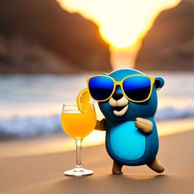 Go Blue Gopher, a blue gopher with big sunglasses, holds a cocktail glass at the beach, watching the sunset.