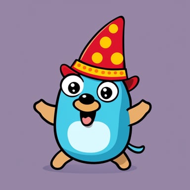 A go blue gopher with a silly face stands in a silly posture, acting as the clown of a theater, bringing joy with its antics.