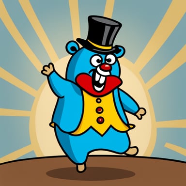 A go blue gopher with a silly face stands in a silly posture, acting as the clown of a theater, bringing joy with its antics.