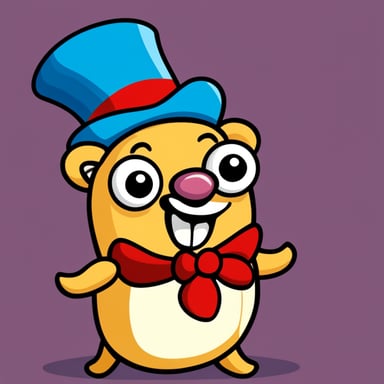 A go blue gopher with a silly face stands in a silly posture, acting as the clown of a theater, bringing joy with its antics.