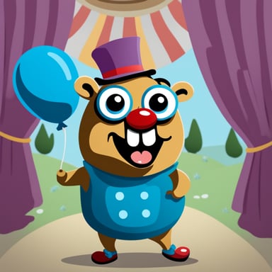 A go blue gopher with a silly face stands in a silly posture, acting as the clown of a theater, bringing joy with its antics.