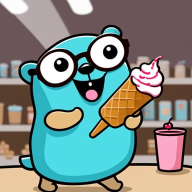 A go blue gopher with a very silly face and round glasses holding an ice cream goes out of a shop.