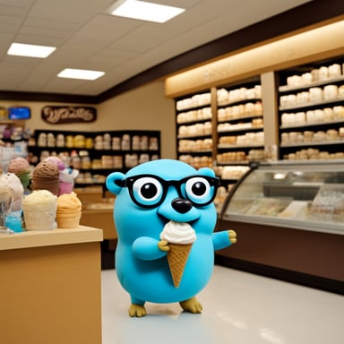 A go blue gopher with a very silly face and round glasses holding an ice cream goes out of a shop.