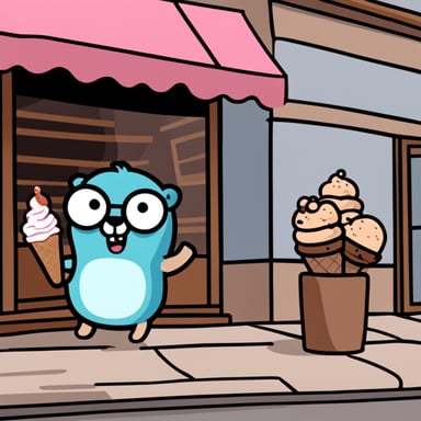 A go blue gopher with a very silly face and round glasses holding an ice cream goes out of a shop.