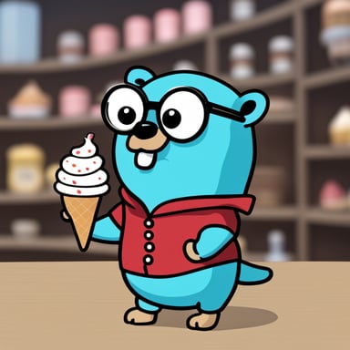 A go blue gopher with a very silly face and round glasses holding an ice cream goes out of a shop.