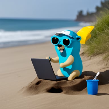 Go blue gopher working from beach