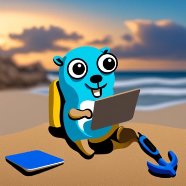 Go blue gopher working from beach
