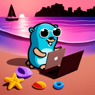 Go blue gopher working from beach