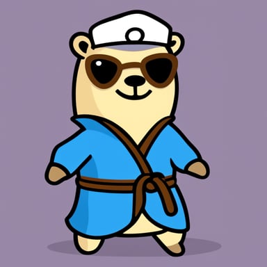 A go blue gopher in a karate suit with unicorn horns and a brown belt.