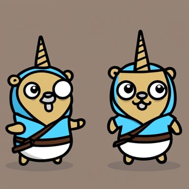 A go blue gopher in a karate suit with unicorn horns and a brown belt.