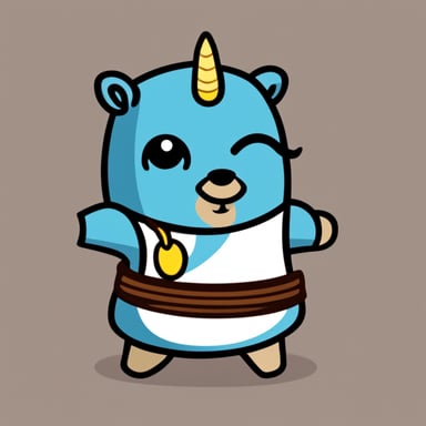A go blue gopher in a karate suit with unicorn horns and a brown belt.