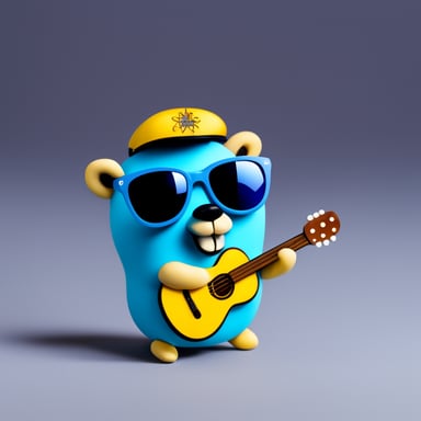 Go Blue Gopher, a blue gopher with big sunglasses, holds an embedded chip.