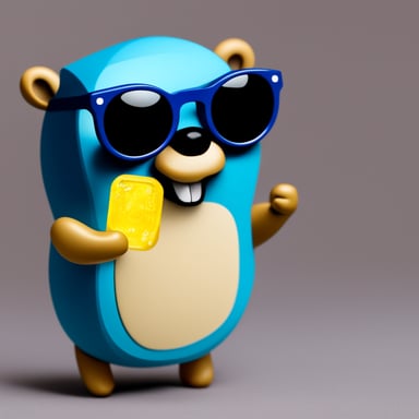 Go Blue Gopher, a blue gopher with big sunglasses, holds an embedded chip.