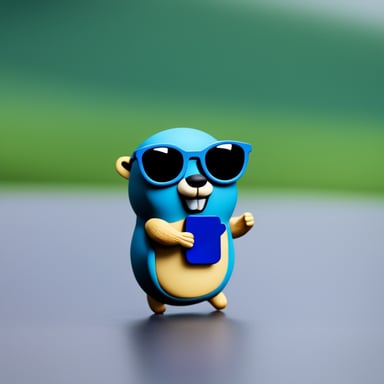 Go Blue Gopher, a blue gopher with big sunglasses, holds an embedded chip.