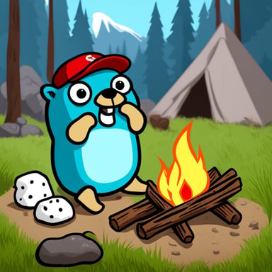 Go Blue Gopher at a fire camp eating marshmallow.