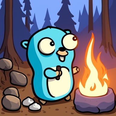 Go Blue Gopher at a fire camp eating marshmallow.