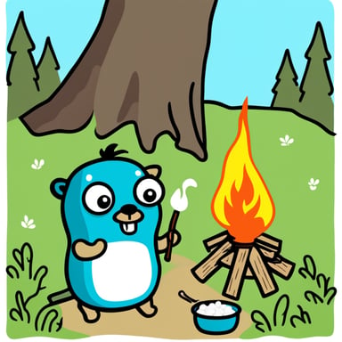 Go Blue Gopher at a fire camp eating marshmallow.