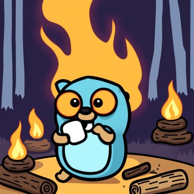 Go Blue Gopher at a fire camp eating marshmallow.