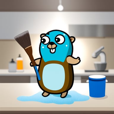 A go blue gopher covered in suds and scrubbing with a brush.