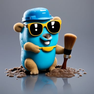 A go blue gopher covered in suds and scrubbing with a brush.