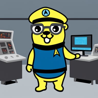 Go Blue Gopher in a Star Trek yellow engineering uniform.