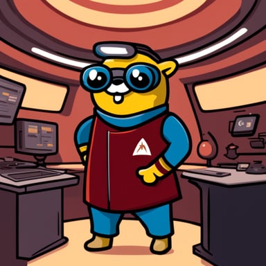 Go Blue Gopher in a Star Trek yellow engineering uniform.