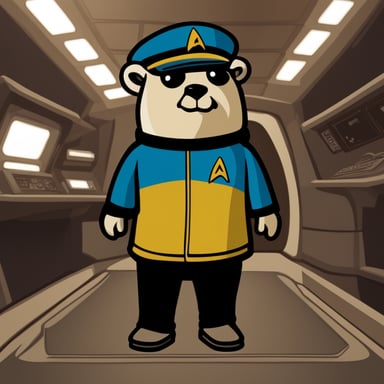 Go Blue Gopher in a Star Trek: The Next Generation engineering uniform.