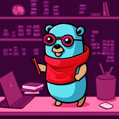 Go Blue Gopher in a dark room looking for errors in the code.