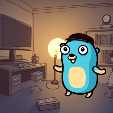 Go Blue Gopher in a dark room looking for errors in the code.