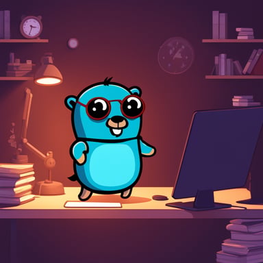 Go Blue Gopher in a dark room looking for errors in the code.