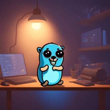 Go Blue Gopher in a dark room looking for errors in the code.