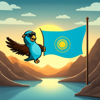 Go Blue Gopher and mountains in the background, and the sun with an eagle from the flag of Kazakhstan.