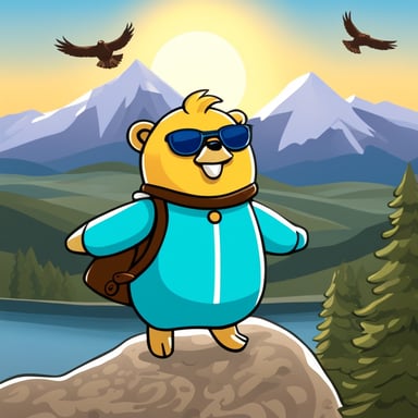 Go Blue Gopher and mountains in the background, and the sun with an eagle from the flag of Kazakhstan.