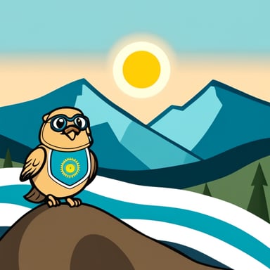 Go Blue Gopher and mountains in the background, and the sun with an eagle from the flag of Kazakhstan.