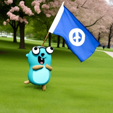 Go Blue Gopher holds a peace flag and longs for an end to war in the world.