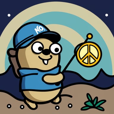 Go Blue Gopher holds a peace flag and longs for an end to war in the world.