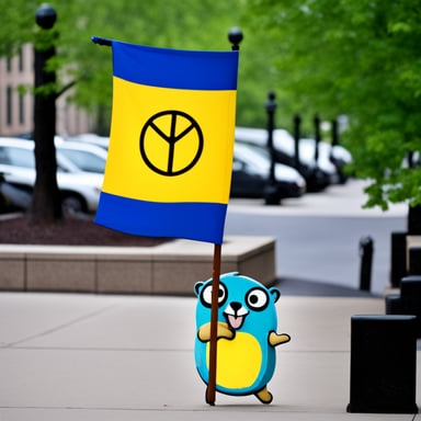 Go Blue Gopher holds a peace flag and longs for an end to war in the world.