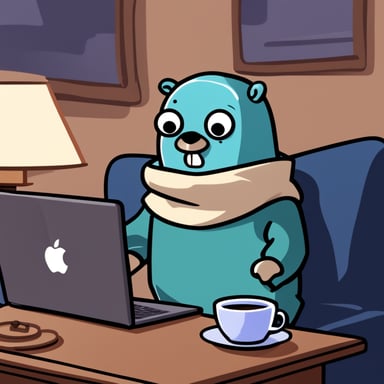 Go blue gopher sips coffee while watching anime, feeling a mix of sadness and comfort in a cozy sweater, with a MacBook close by.