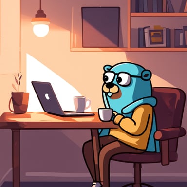 Go blue gopher sips coffee while watching anime, feeling a mix of sadness and comfort in a cozy sweater, with a MacBook close by.