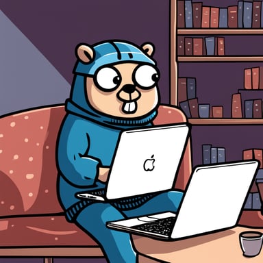 Go blue gopher sips coffee while watching anime, feeling a mix of sadness and comfort in a cozy sweater, with a MacBook close by.