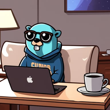 Go blue gopher sips coffee while watching anime, feeling a mix of sadness and comfort in a cozy sweater, with a MacBook close by.
